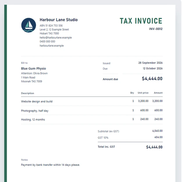A tax invoice made in Wattlebooks for Blue Gum Physio, with the ABN, three lines of work, GST of $404.00 and a total of $4,444.00