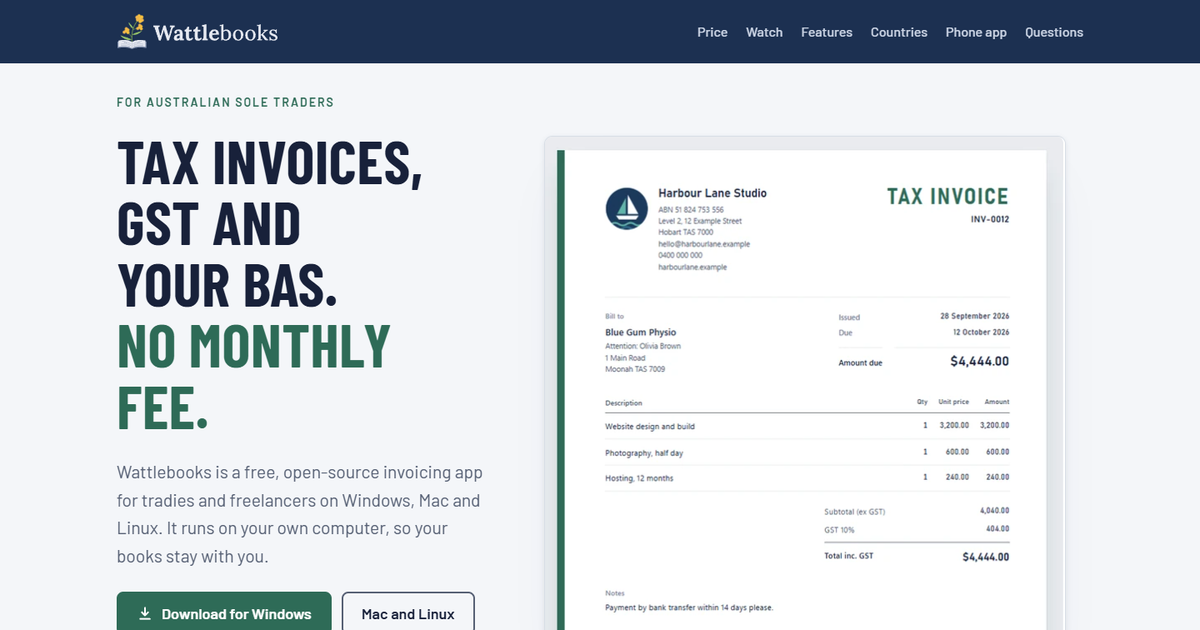 Wattlebooks - a free, open-source invoicing app for sole traders that keeps your books on your own c