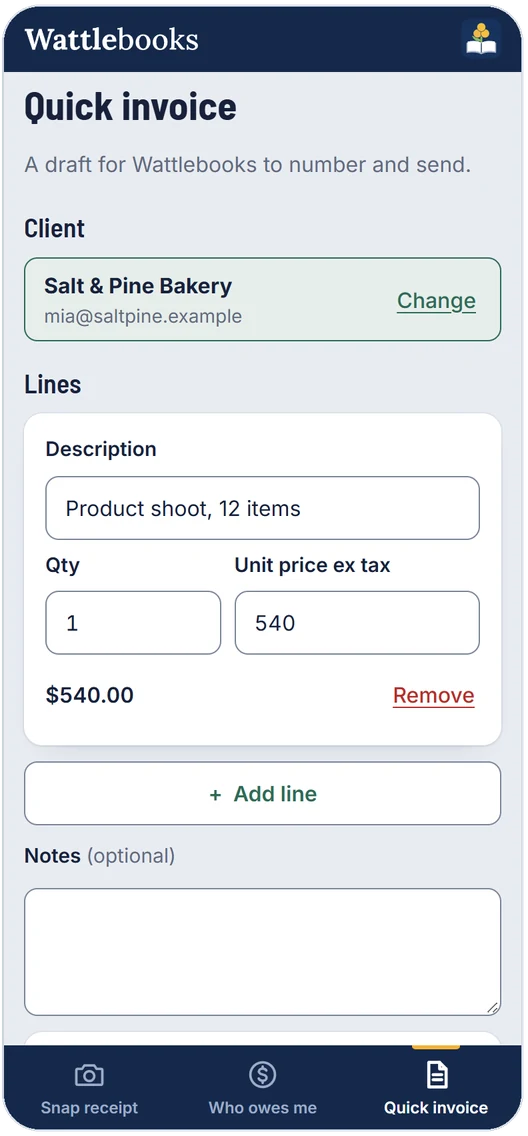 Phone screen starting a quick invoice for Salt and Pine Bakery