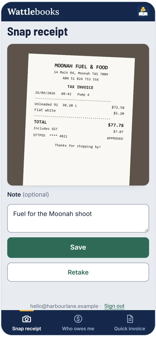 Phone screen with a photo of a fuel receipt and a note